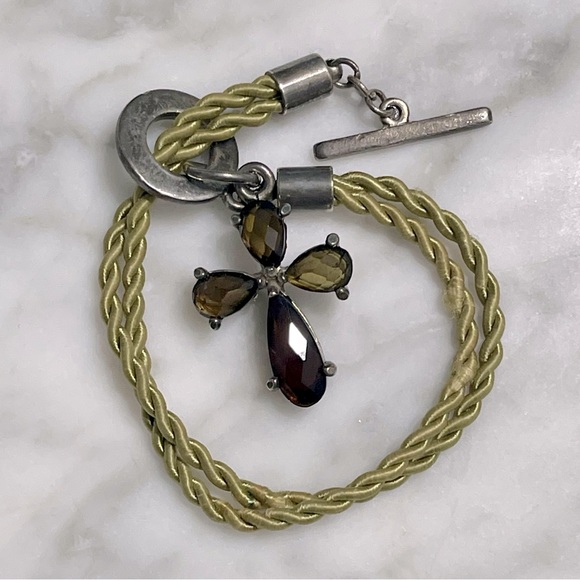 Smoky Topaz Cross Bracelet w/twisted green silk cord & .925 silver toggle clasp - Picture 1 of 8
